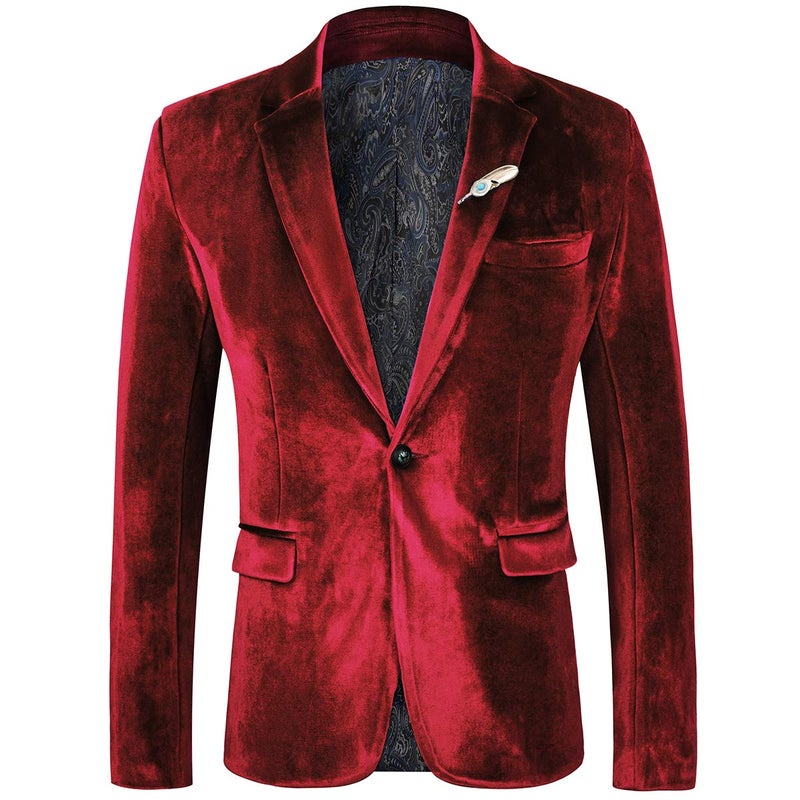 WEEN CHARM Velvet Blazer for Men Slim Fit One Button Sport Coat Tuxedo Jacket for Prom Wedding Party Dinner Red - Image 1